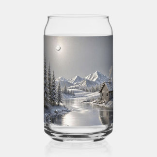 Silver Winter Cottage River Mountain Moon Scene Can Glass