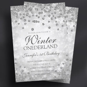 Silver Winter Diamonds & Glitter   1st Birthday Invitation