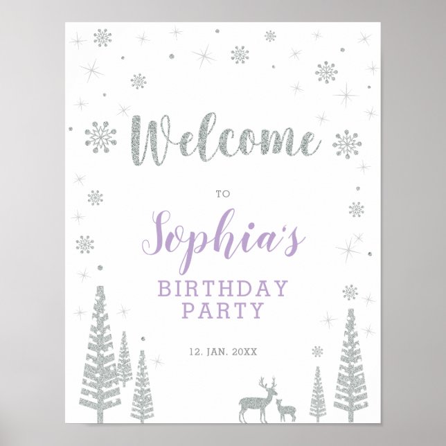 Silver Winter Girl Birthday Party Welcome Sign (Front)