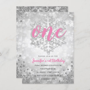 Silver Winter Glitter Snowflake   1st Birthday Invitation