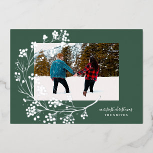 Silver Winter Natural Green Merry Christmas Photo Foil Holiday Card