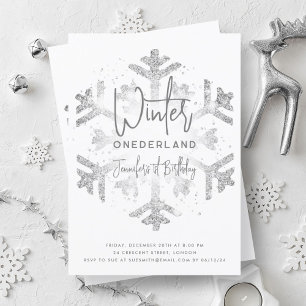 Silver Winter ONEDERLAND 1st Birthday FAUX Glitter Invitation