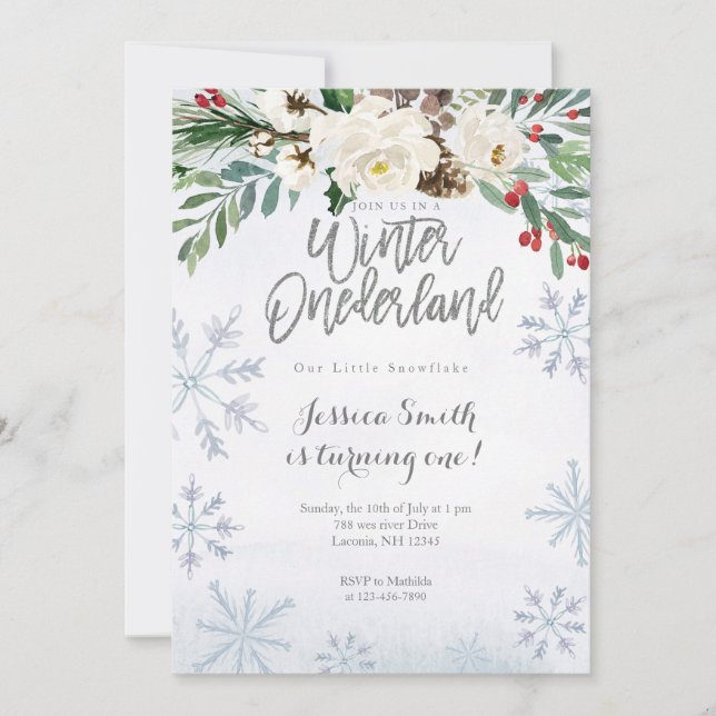 Silver Winter Onederland 1st birthday invitation. Invitation (Front)