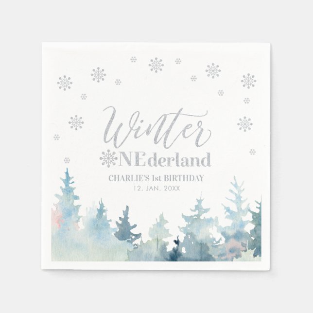 Silver Winter Onederland 1st Birthday Party Napkin (Front)