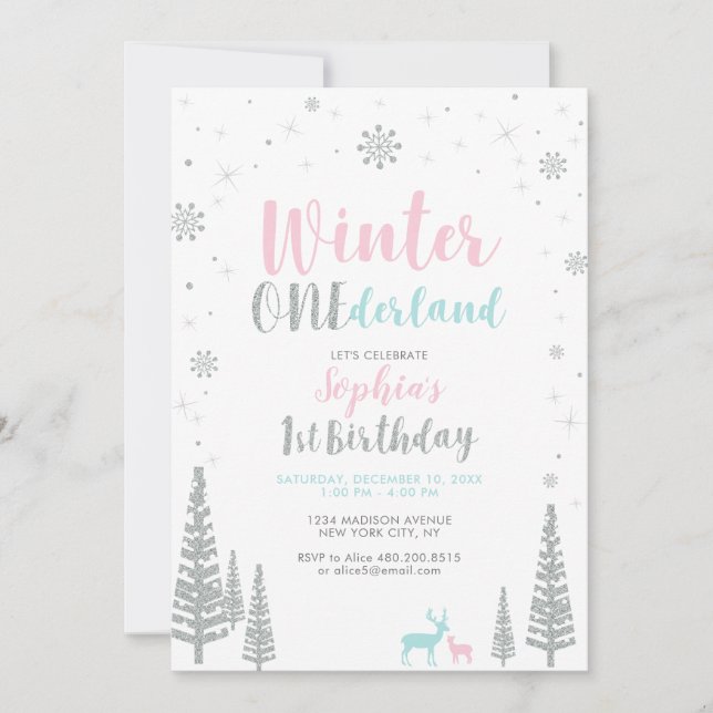 Silver Winter onederland 1st girl birthday party Invitation (Front)