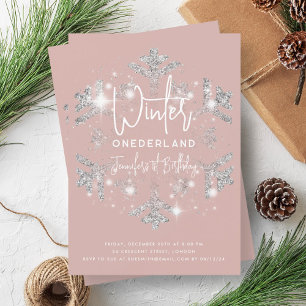 Silver Winter ONEDERLAND Birthday Dusty Rose Invitation