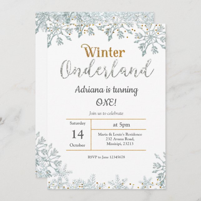 Silver Winter Onederland Birthday Invitation (Front/Back)