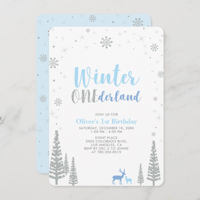 Silver Winter onederland boy 1st birthday party Invitation (Front/Back)