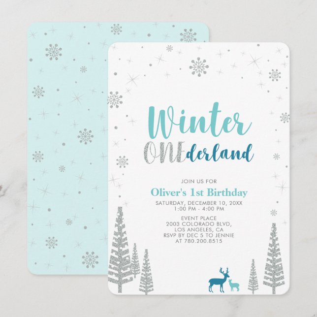 Silver Winter onederland boy 1st birthday party Invitation (Front/Back)