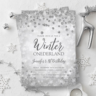 Silver Winter ONEDERLAND Glitter 1st Birthday Invitation