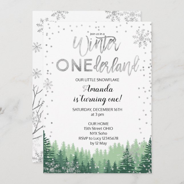 Silver Winter ONEderland Snow Birthday Invite (Front/Back)