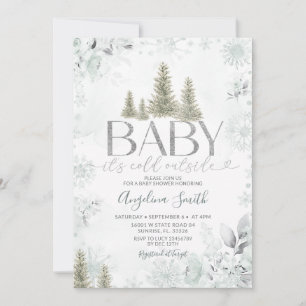 Silver Winter Sage Forest Christmas Baby Shower Invitation