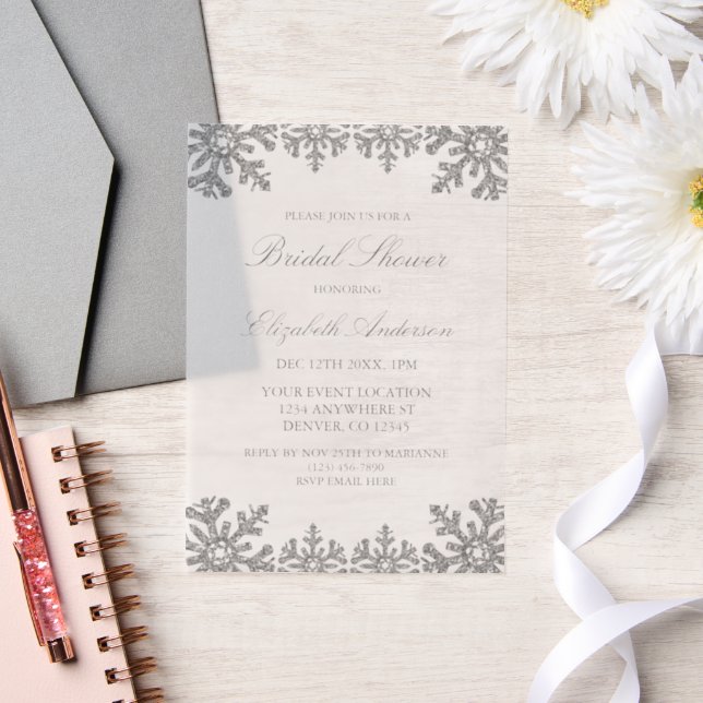 Silver Winter Snowflake Bridal Shower Vellum Invitations (Wedding)