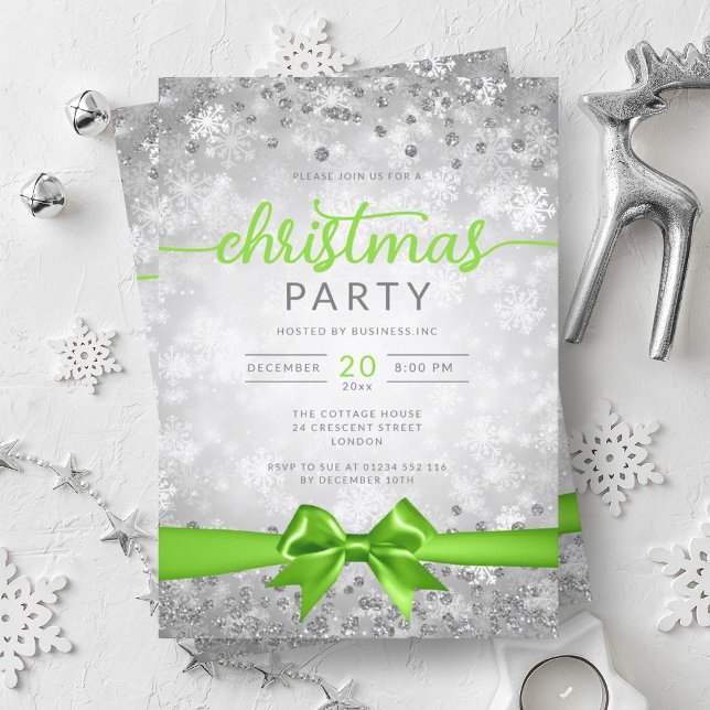 Silver Winter Snowflakes Company Green Ribbon Invitation (Silver Winter Snowflakes Company Green Ribbon Invitation)
