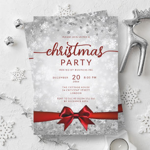 Silver Winter Snowflakes Company Red Ribbon Invitation