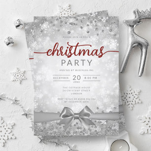 Silver Winter Snowflakes Company Red Ribbon Invitation
