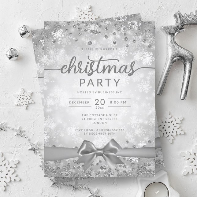 Silver Winter Snowflakes Company Ribbon Invitation (Silver Winter Snowflakes Company Ribbon Invitation)
