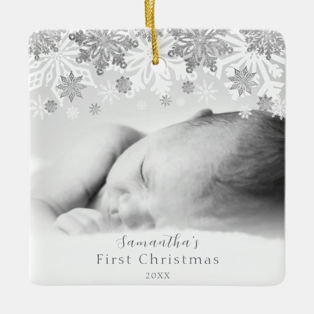 Silver Winter Snowflakes Personalised Baby Ceramic Ornament (Front)