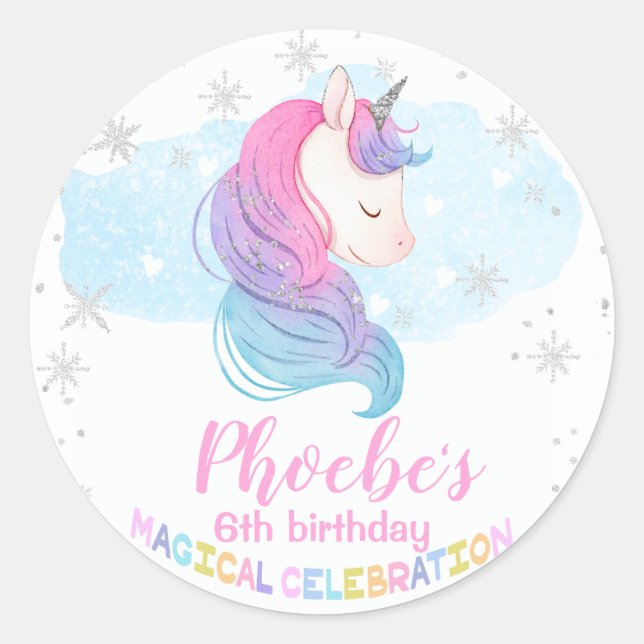 Silver Winter Unicorn Birthday Classic Round Sticker (Front)