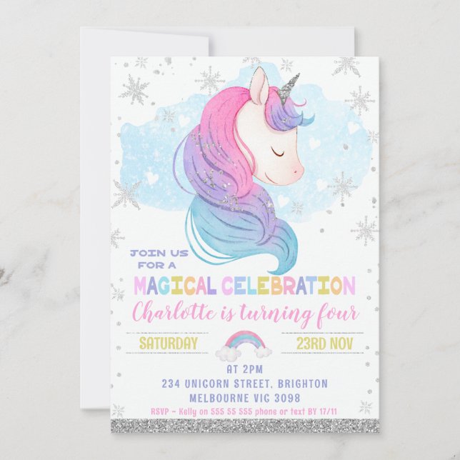 Silver Winter Unicorn Rainbow Birthday Invitation (Front)
