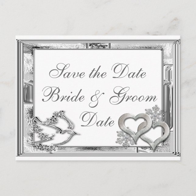 Silver Winter Wedding Save the Date Postcards (Front)