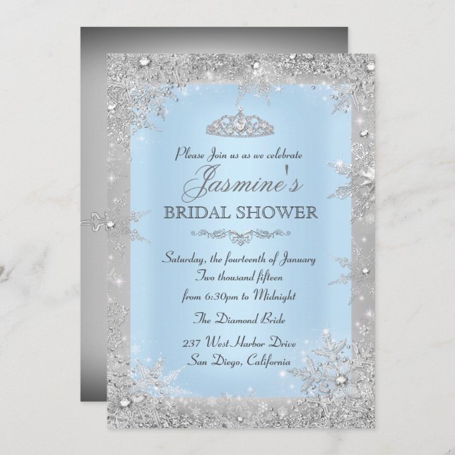 Silver Winter Wonderland Blue Bridal Shower Invitation (Front/Back)