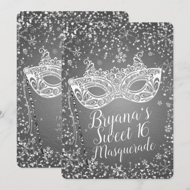 Silver Winter Wonderland Masquerade Sweet 16 Party Invitation (Front/Back)