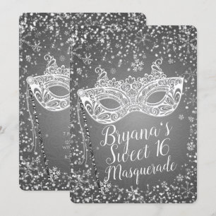 Silver Winter Wonderland Masquerade Sweet 16 Party Invitation
