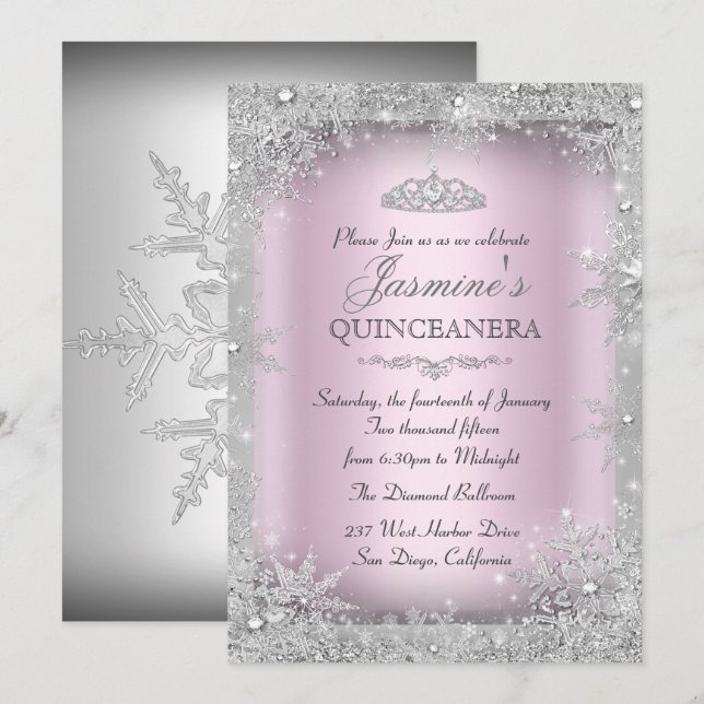 Silver Winter Wonderland Pink Quinceanera Party Invitation (Front/Back)