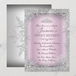 Silver Winter Wonderland Pink Sweet 16 Invitation