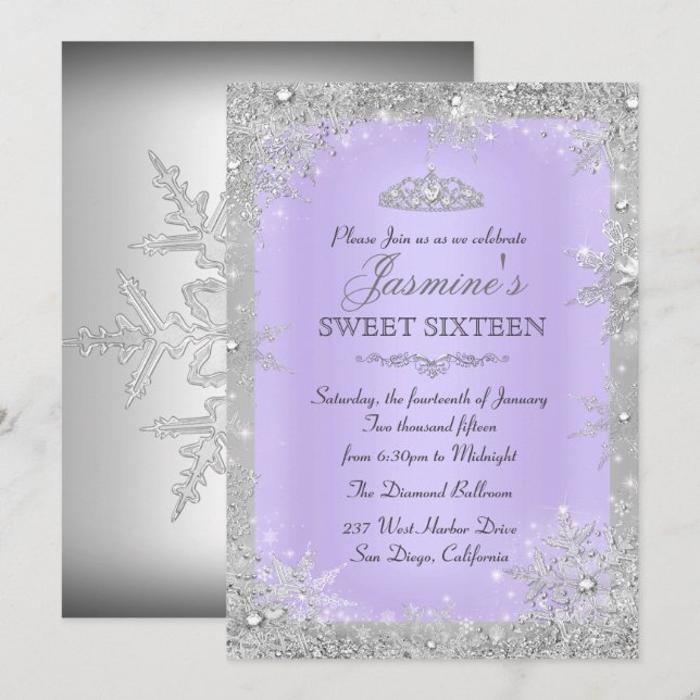 Silver Winter Wonderland purple sweet 16 Invite (Front/Back)