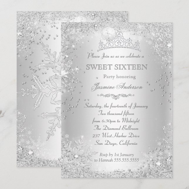 Silver Winter Wonderland Sweet 16 Tiara Invitation (Front/Back)