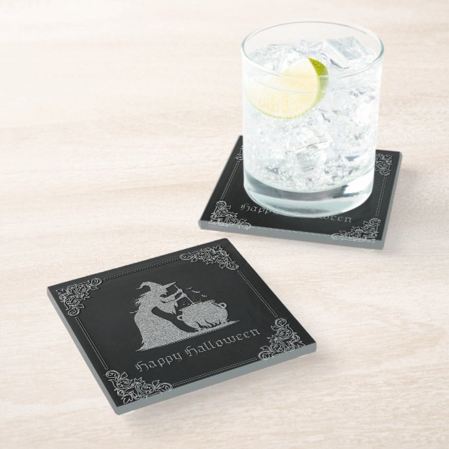Silver Witch & Cauldron Halloween Glass Coaster (Angled)