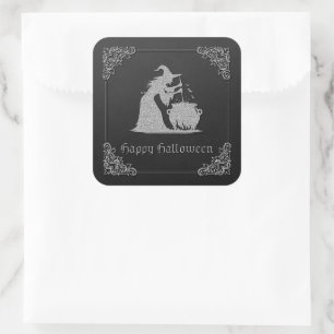Silver Witch & Cauldron Halloween Square Sticker