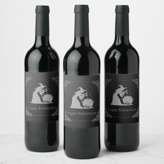 Silver Witch & Cauldron Halloween Wine Label (Bottles)