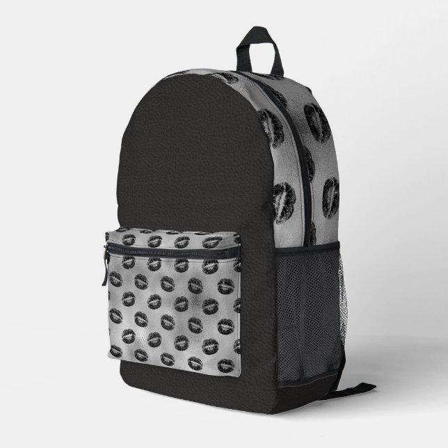 SILVER WITH BLACK LIPS & LEATHER LOOK TEXTURE PRINTED BACKPACK (Back Corner Right)