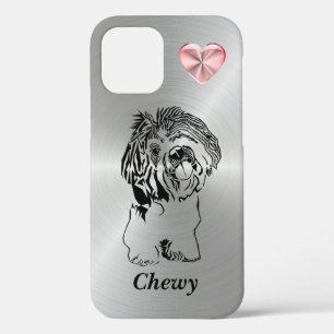 Silver with Pink Heart Shih Tzu Dog iPhone 12 Case