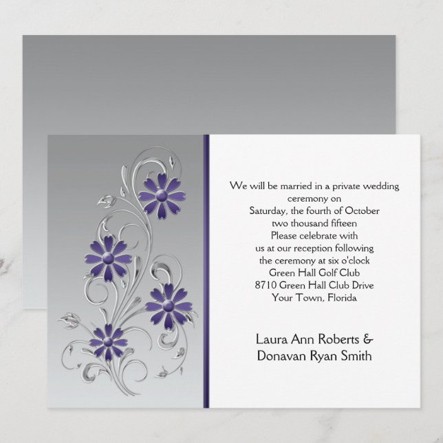 Silver with Purple Flowers Reception Only Invitation (Front/Back)
