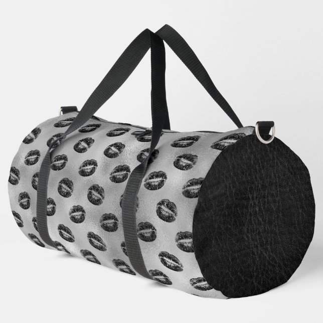 SILVER WITH RANDOM BLACK LIPS DUFFLE BAG (Left Corner)