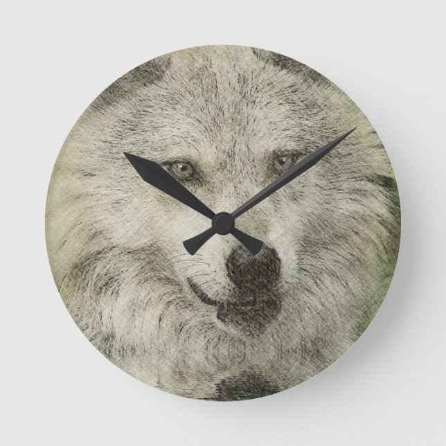 Silver Wolf Pencil Illustration Drawing Round Clock (Front)