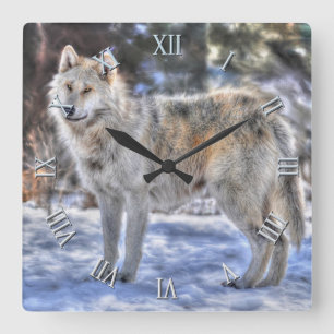 Silver Wolf & Snow Wildlife Photo Clock