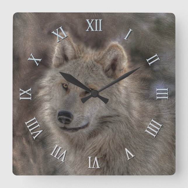 Silver Wolf & Snow Wildlife Photo Clock (Front)