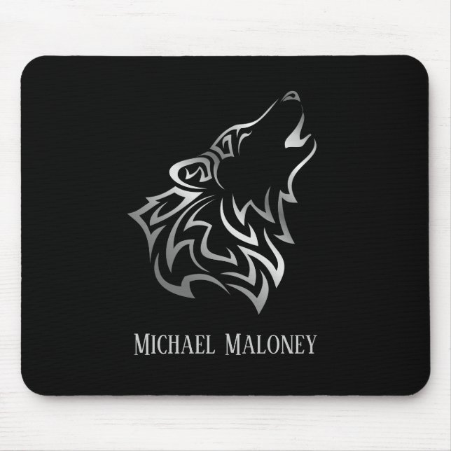 Silver Wolf Vector Tribal Monogram Black Mouse Pad (Front)
