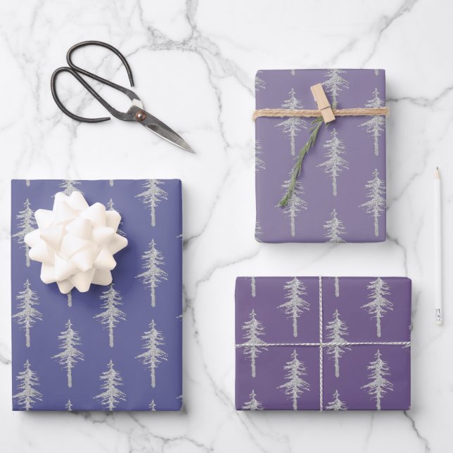 Silver Woodland Pine Tree Forest Mulberry Purple Wrapping Paper Sheet (Front)