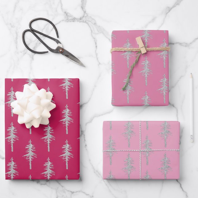 Silver Woodland Pine Tree Forest Pink Raspberry Wrapping Paper Sheet (Front)