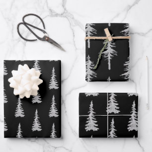 Silver Woodland Spruce Trees Forest Black Wrapping Paper Sheet