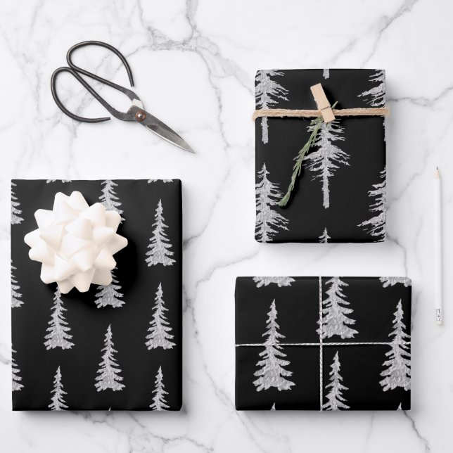 Silver Woodland Spruce Trees Forest Black Wrapping Paper Sheet (Front)