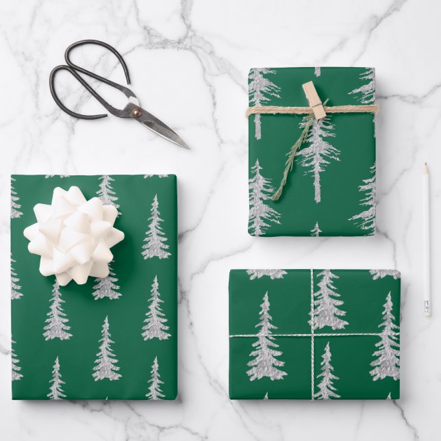 Silver Woodland Spruce Trees Forest Green Wrapping Paper Sheet (Front)