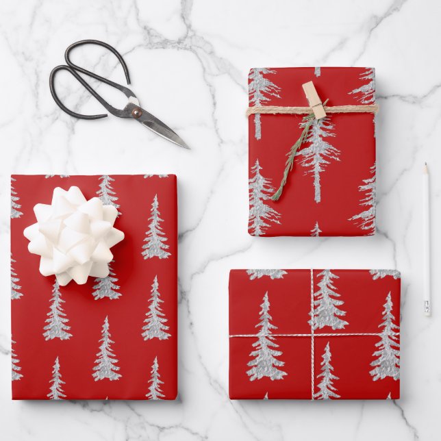 Silver Woodland Spruce Trees Holiday Red Wrapping Paper Sheet (Front)
