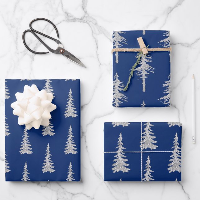 Silver Woodland Spruce Trees On Navy Blue Wrapping Paper Sheet (Front)